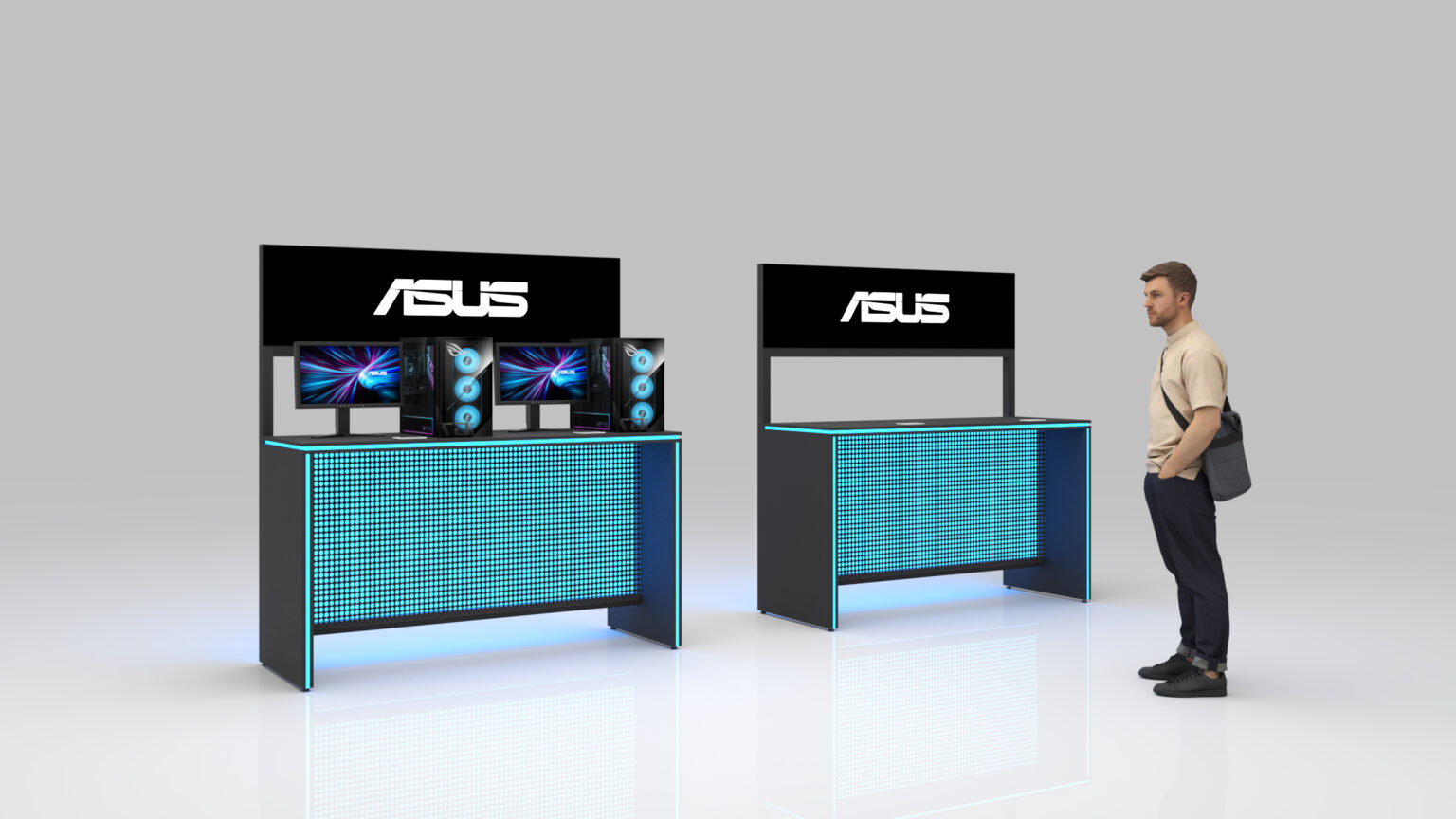 Fair Factoryn suunnittelema ja valmistama räätälöitävä pelipiste- ja esittelykaluste ASUS-brändille, integroidut näytöt ja valaistut reunat.