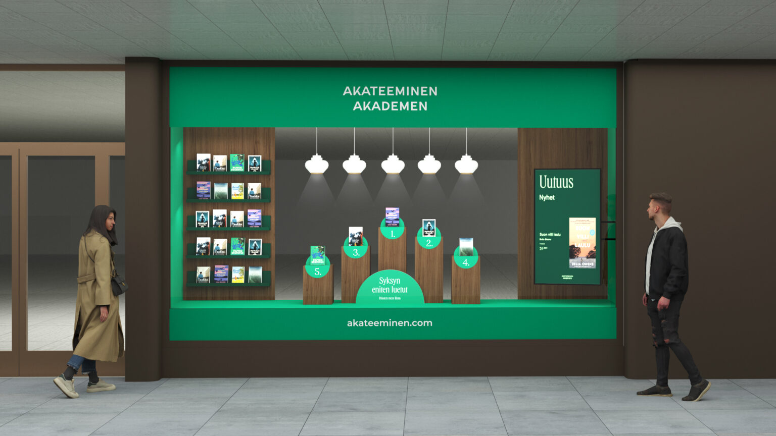 Kirjakaupan näyteikkuna, jossa Akateeminen-brändätty myymäläkalustus ja kirjaesillepanot