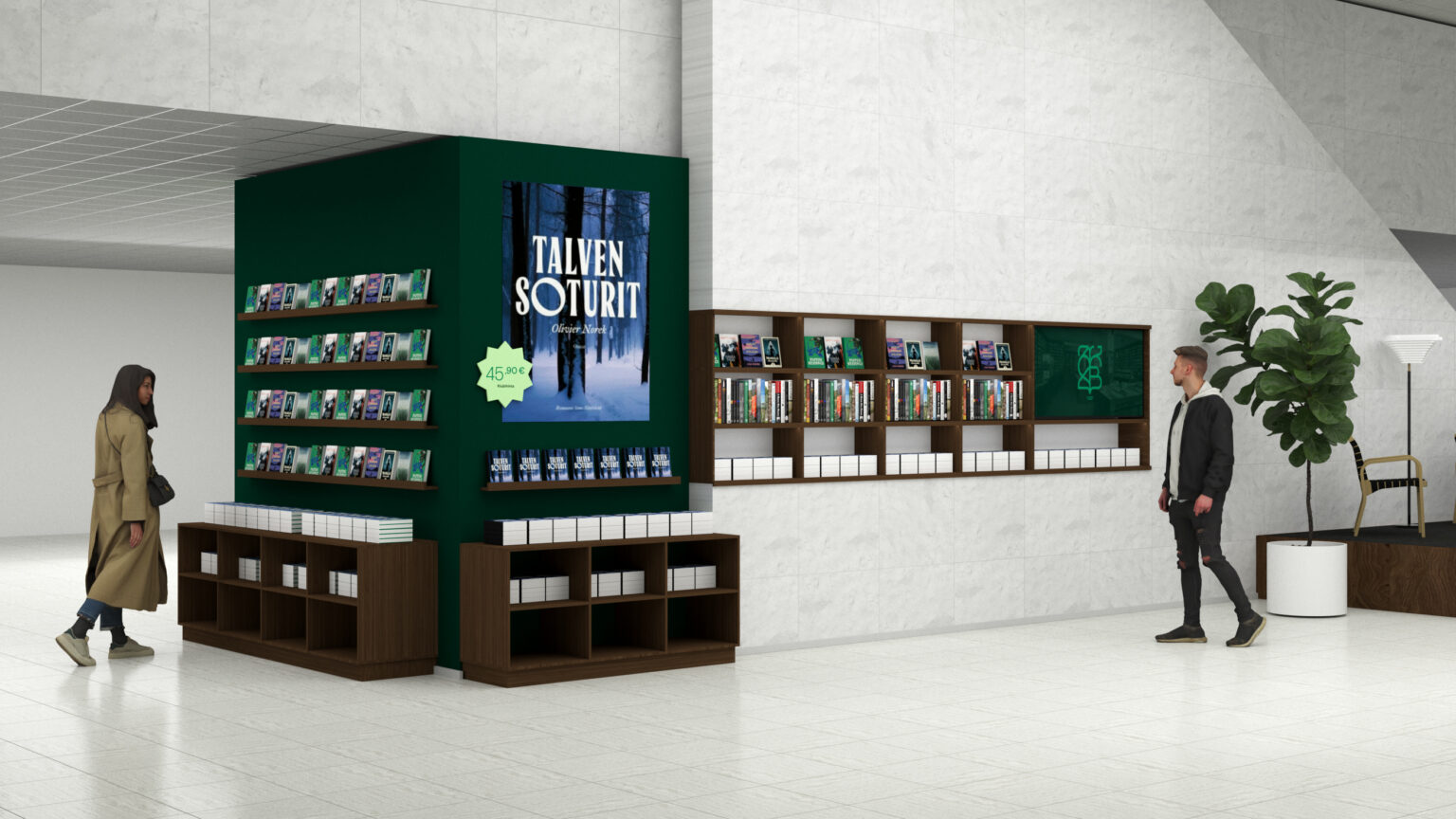 Kirjakaupan sisätilaan suunniteltu erikoiskalustekokonaisuus, jossa hyllyjä ja esillepanoja